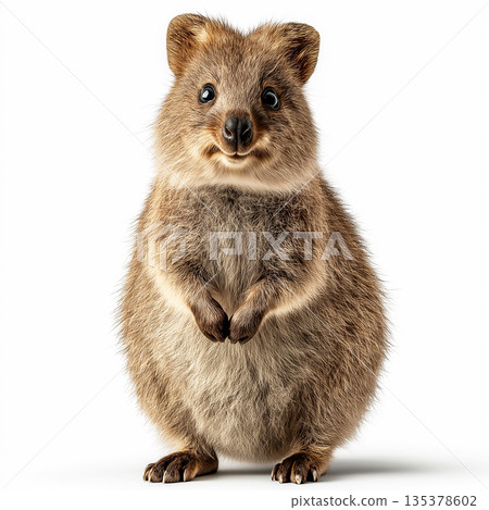 Quokka stands upright on a white background. Studio lighting highlights its cute expression. 135378602