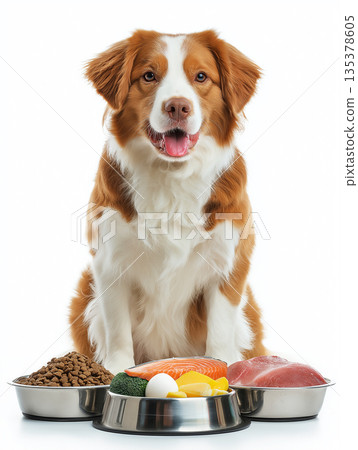 Brown and white dog sits behind three stainless steel bowls of food in a white studio. Tongue out and smiling shows the dog is ready to eat. 135378605