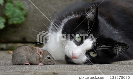 Black tuxedo cat rests beside mouse on concrete patio. Daylight illuminates the scene. Black tuxedo cat rests beside mouse on concrete patio. Daylight illuminates the scene. 135378620