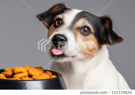 Dog with tongue out watches food in studio. Crunchy kibble fills a black bowl. Dog with tongue out watches food in studio. Crunchy kibble fills a black bowl. 135378624