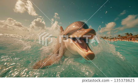 Dolphin jumps through turquoise sea near a crowded beach. Sunlit sky and splashing water frame the scene. Dolphin jumps through turquoise sea near a crowded beach. Sunlit sky and splashing water frame the scene. 135378625