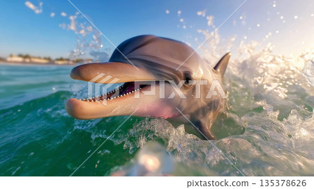 Dolphin opens mouth while gliding through waves at the sea. Sunlit spray and blue water create a vibrant playful mood. Dolphin opens mouth while gliding through waves at the sea. Sunlit spray and blue water create a vibrant playful mood. 135378626