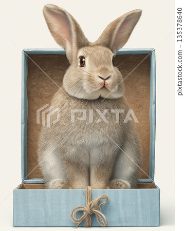 Cute rabbit sits in a blue gift box. The box is tied with a twine bow. Cute rabbit sits in a blue gift box. The box is tied with a twine bow. 135378640