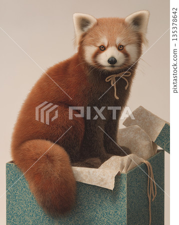 Red panda sits in a decorative gift box. Patterned wrapping paper and tissue surround the scene. Red panda sits in a decorative gift box. Patterned wrapping paper and tissue surround the scene. 135378642