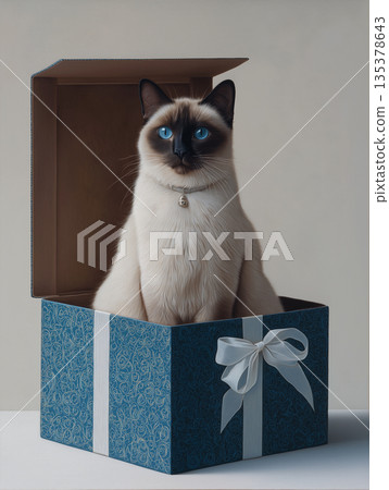 Siamese cat sits inside a blue gift box. A white ribbon decorates the blue gift box. 135378643
