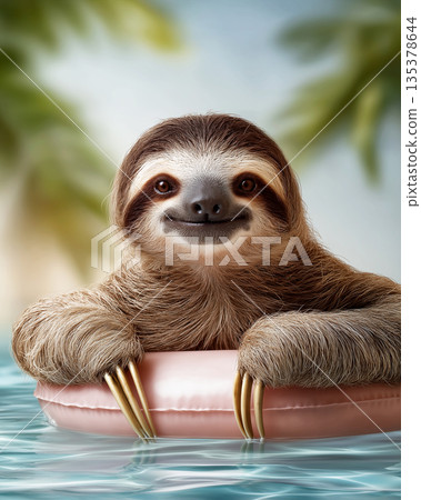 Sloth resting on a pink pool float in a tropical pool. Bright daylight creates a cheerful vacation mood. 135378644