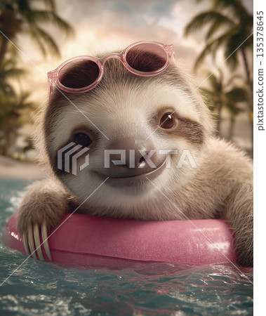 Sloth on a pink pool float wearing pink sunglasses. Sunlit tropical scene with palm trees and a warm sunset glow. Sloth on a pink pool float wearing pink sunglasses. Sunlit tropical scene with palm trees and a warm sunset glow. 135378645