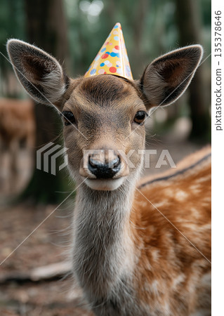 Deer wearing a party hat in a forest. The party hat creates a playful birthday mood. Deer wearing a party hat in a forest. The party hat creates a playful birthday mood. 135378646