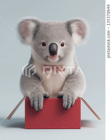 Koala plush toy sits in a red gift box on a blue background. Pink bow highlights the gift presentation. Koala plush toy sits in a red gift box on a blue background. Pink bow highlights the gift presentation. 135378649