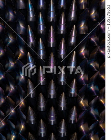 Array of sharp metallic cones.Abstract background image. An array of metallic cones arranged tightly in a radial pattern.  135378653