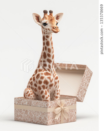 Giraffe calf sits in a gift box. The gift box features a satin bow and floral pattern. Giraffe calf sits in a gift box. The gift box features a satin bow and floral pattern. 135378669