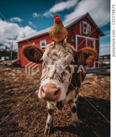 A cow and a chicken rest on a farmyard with the chicken perched on the cow's head. Bright daylight and a red barn create a rustic farm mood. A cow and a chicken rest on a farmyard with the chicken perched on the cow's head. Bright daylight and a red barn create a rustic farm mood. 135378674