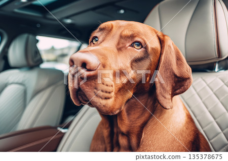 Brown dog sits in a car seat. Close-up shows the dog's calm, curious gaze. Brown dog sits in a car seat. Close-up shows the dog's calm, curious gaze. 135378675