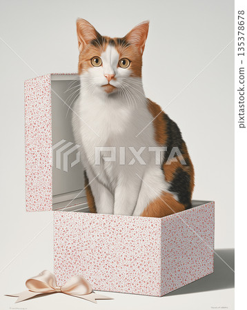 Calico cat sits inside a speckled gift box. The lid is open and a pink ribbon lies nearby. Calico cat sits inside a speckled gift box. The lid is open and a pink ribbon lies nearby. 135378678
