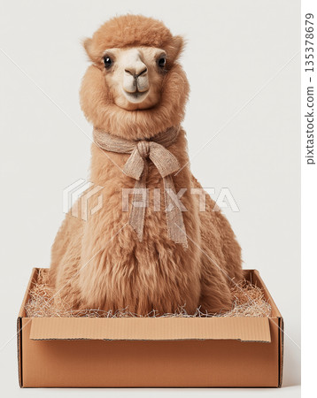 Alpaca sits in a cardboard box in a studio. The scarf wraps around its neck. Alpaca sits in a cardboard box in a studio. The scarf wraps around its neck. 135378679