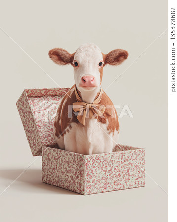 Baby calf sits in a patterned gift box in a studio. A beige bow is tied around its neck. Baby calf sits in a patterned gift box in a studio. A beige bow is tied around its neck. 135378682