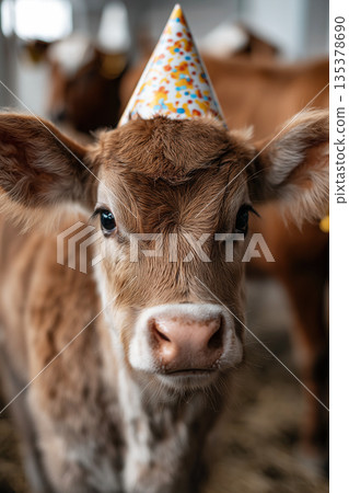 Calf wearing a party hat at the barn on a farm. Colorful party hat signals a celebration. 135378690