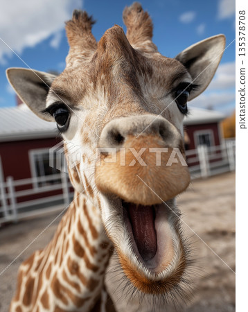 Giraffe leans in at a farmyard. Open mouth curious eyes create a playful close-up. 135378708
