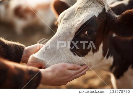 Close up of a cow with white and brown patches as hands touch its muzzle in a farm yard. Warm golden hour light enhances the calm mood. 135378720