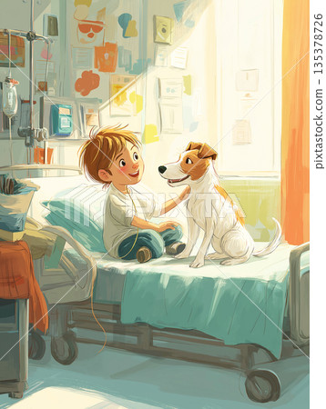 A boy sits on a hospital bed and pets a dog in a hospital room. Bright light fills the room as they share a hopeful moment. 135378726