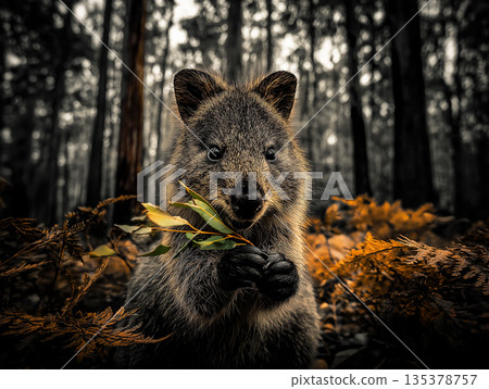 Wallaby holds a sprig of leaves in a forest. Autumn colors and moody lighting create a calm, curious mood. Wallaby holds a sprig of leaves in a forest. Autumn colors and moody lighting create a calm, curious mood. 135378757