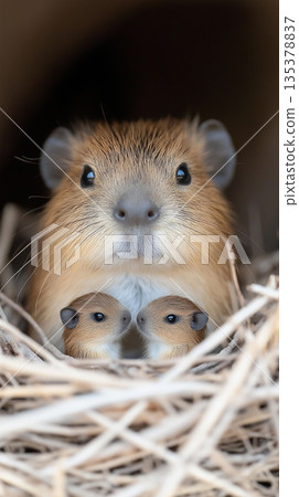 Capybara family closeup in a nest with adorable babies and natural surroundings 135378837