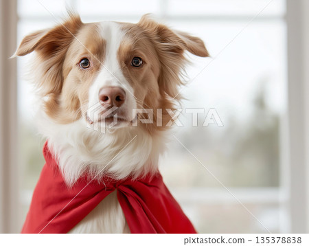 Border Collie dog in a cape, portrait of an adorable fluffy canine hero puppy 135378838