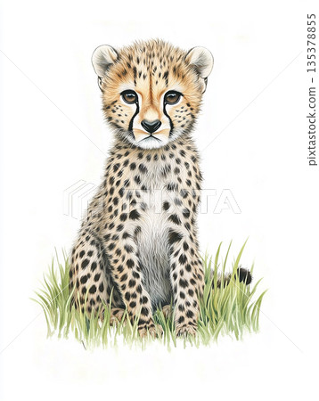 Cute Cheetah Cub Illustration with Spots and Grass in Natural Wildlife Art 135378855