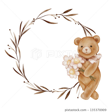 Watercolor round Chaplet with brown Plants and Cute Teddy Bear Holding daisy flowers. Hand drawn illustration circle wreath, with branches and Adorable Valentine bear toy with vintage Jabot. Watercolor round Chaplet with brown Plants and Cute Teddy Bear Holding daisy flowers. Hand drawn illustration circle wreath, with branches and Adorable Valentine bear toy with vintage Jabot. 135378909