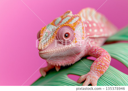 Chameleon reptile with colorful pink skin on a leaf, showcasing exotic nature closeup 135378946