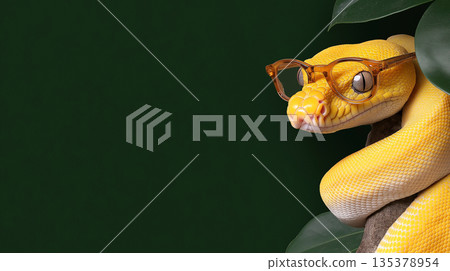 Yellow snake with glasses in nature, featuring python and jungle reptile portrait 135378954