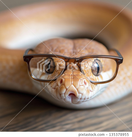 Stylish snake wearing glasses: reptile fashion with python lenses and serpent eyes. Stylish snake wearing glasses: reptile fashion with python lenses and serpent eyes. 135378955