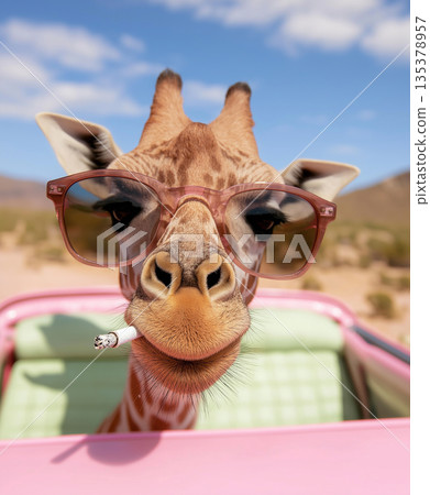Giraffe wearing sunglasses, smoking in a convertible; funny wildlife adventure in the desert 135378957