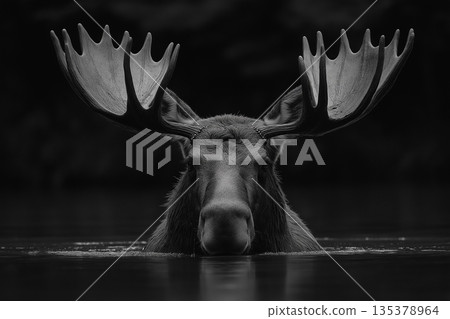 Majestic moose with antlers in serene forest water, capturing wildlife and nature's beauty Majestic moose with antlers in serene forest water, capturing wildlife and nature's beauty 135378964