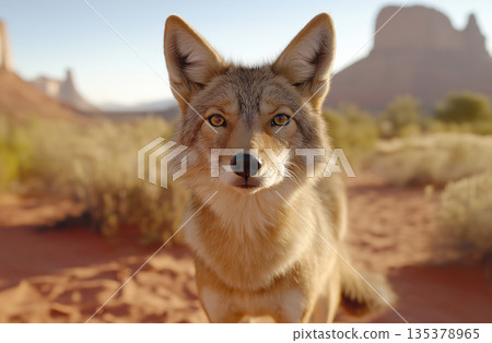 Coyote in the desert showcasing wildlife, nature, and a stunning landscape during sunset Coyote in the desert showcasing wildlife, nature, and a stunning landscape during sunset 135378965