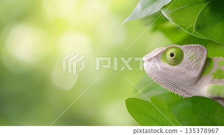 Chameleon reptile in its green natural habitat with camouflage in the jungle 135378967