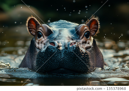 Hippo safari in the wild: capturing nature with water reflections and expressive eyes Hippo safari in the wild: capturing nature with water reflections and expressive eyes 135378968