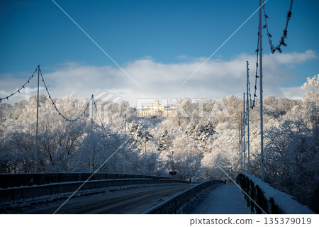 Snowy Bridge Leading Toward Historic Building in Winter Forest in Sigulda, Latvia 135379019
