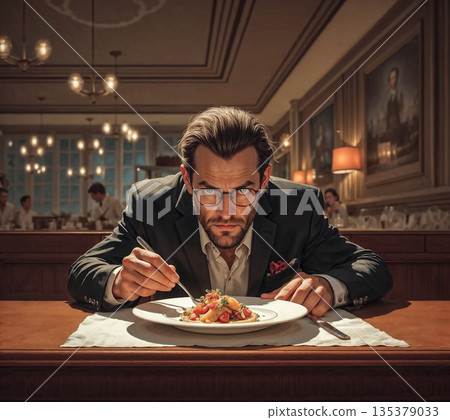 Connoisseur's gaze man dining in style. Man wearing a suit and glasses sits at a restaurant table, poised with a fork. Connoisseur's gaze man dining in style. Man wearing a suit and glasses sits at a restaurant table, poised with a fork. 135379033