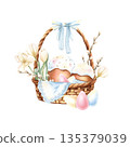 Easter illustration of wicker basket filled with kulich, colorful pysanky eggs, pussy willow branches, and spring tulips. Hanging lace napkin and delicate bow. Symbol of rebirth and bright holiday 135379039