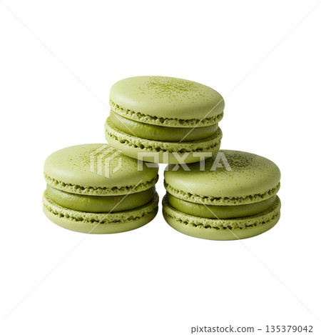 Stack of green matcha macarons with creamy filling, isolated. Represents French patisserie with a Japanese twist 135379042
