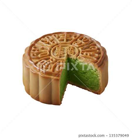 Traditional mooncake with intricate mold design, filled with green tea matcha paste, with slice cut out to show the filling Traditional mooncake with intricate mold design, filled with green tea matcha paste, with slice cut out to show the filling 135379049