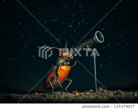 Curious beetle observing the night sky with a telescope. A beetle is positioned on a sandy surface under a starry night sky. It is interacting with a small telescope mounted on a tripod. 135379057