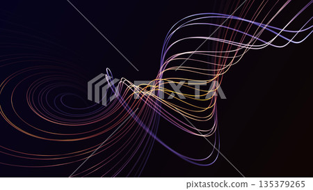 Multicolored glowing plasma energy strings forming dynamic digital waves on futuristic abstract background. 135379265