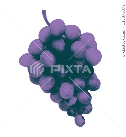 Trendy halftone duotone element for collage. Cut out of paper bunch of purple grapes with vintage dotted texture. Modern retro vector illustration for mixed media isolated on transparent background Trendy halftone duotone element for collage. Cut out of paper bunch of purple grapes with vintage dotted texture. Modern retro vector illustration for mixed media isolated on transparent background 135379378