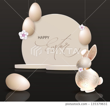 Happy Easter. Festive card with Easter eggs, a podium, and a bunny 135379631