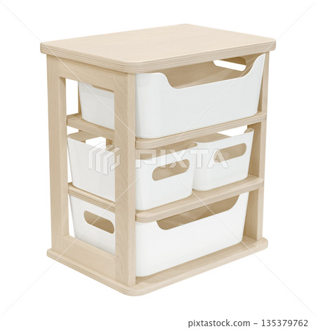 Small wooden shelving unit with pull-out plastic drawers 135379762
