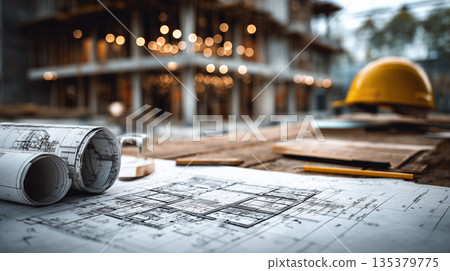 Architectural sketch of modern eco house with natural materials, stones and pencils on creative workspace 135379775