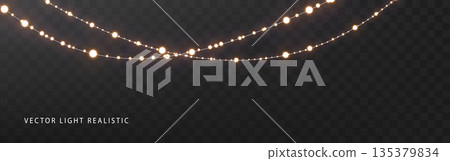 Christmas lights garland isolated on dark background. Glowing lamp light with sparkles. Christmas, New Year, wedding or Birthday decorations. Christmas lights garland isolated on dark background. Glowing lamp light with sparkles. Christmas, New Year, wedding or Birthday decorations. 135379834