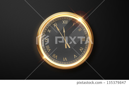 Classic golden clock with roman numerals and midnight time. Luxury New Year design element isolated on dark background. 135379847